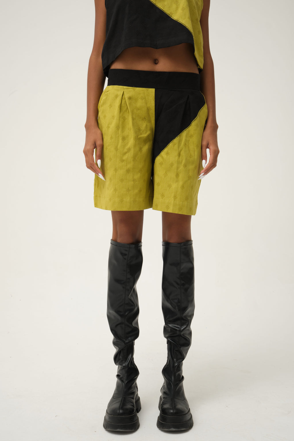 Black Green Popeye Shorts in handwoven Dobby Cotton by White Canvas - Image 2