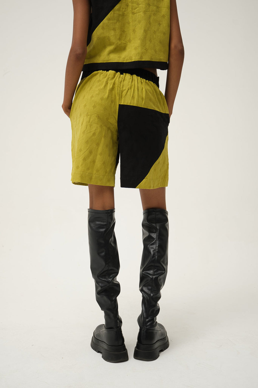 Black Green Popeye Shorts in handwoven Dobby Cotton by White Canvas - Image 4