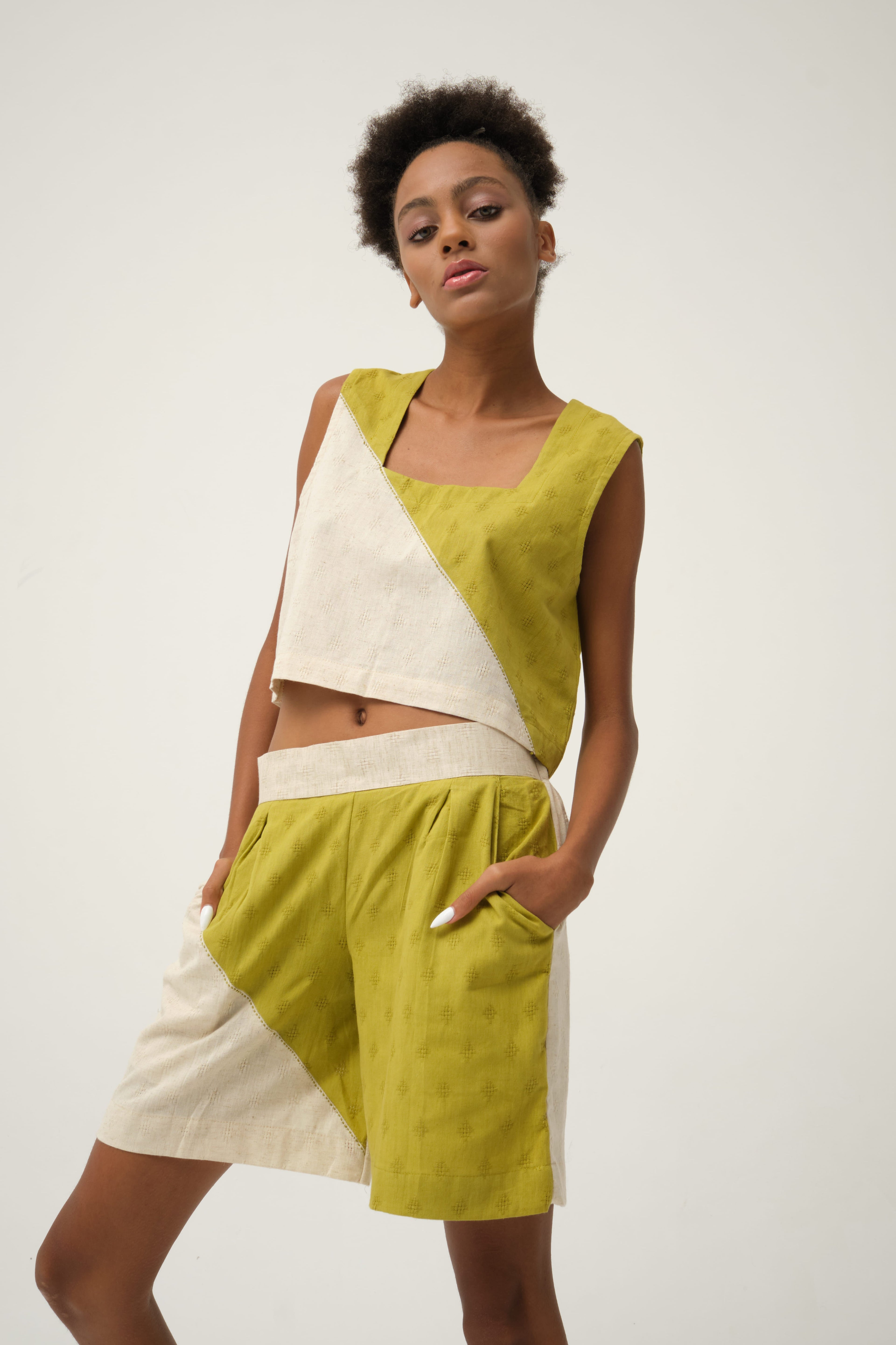 Green Popeye Shorts in handwoven Dobby Cotton by White Canvas - Image 3