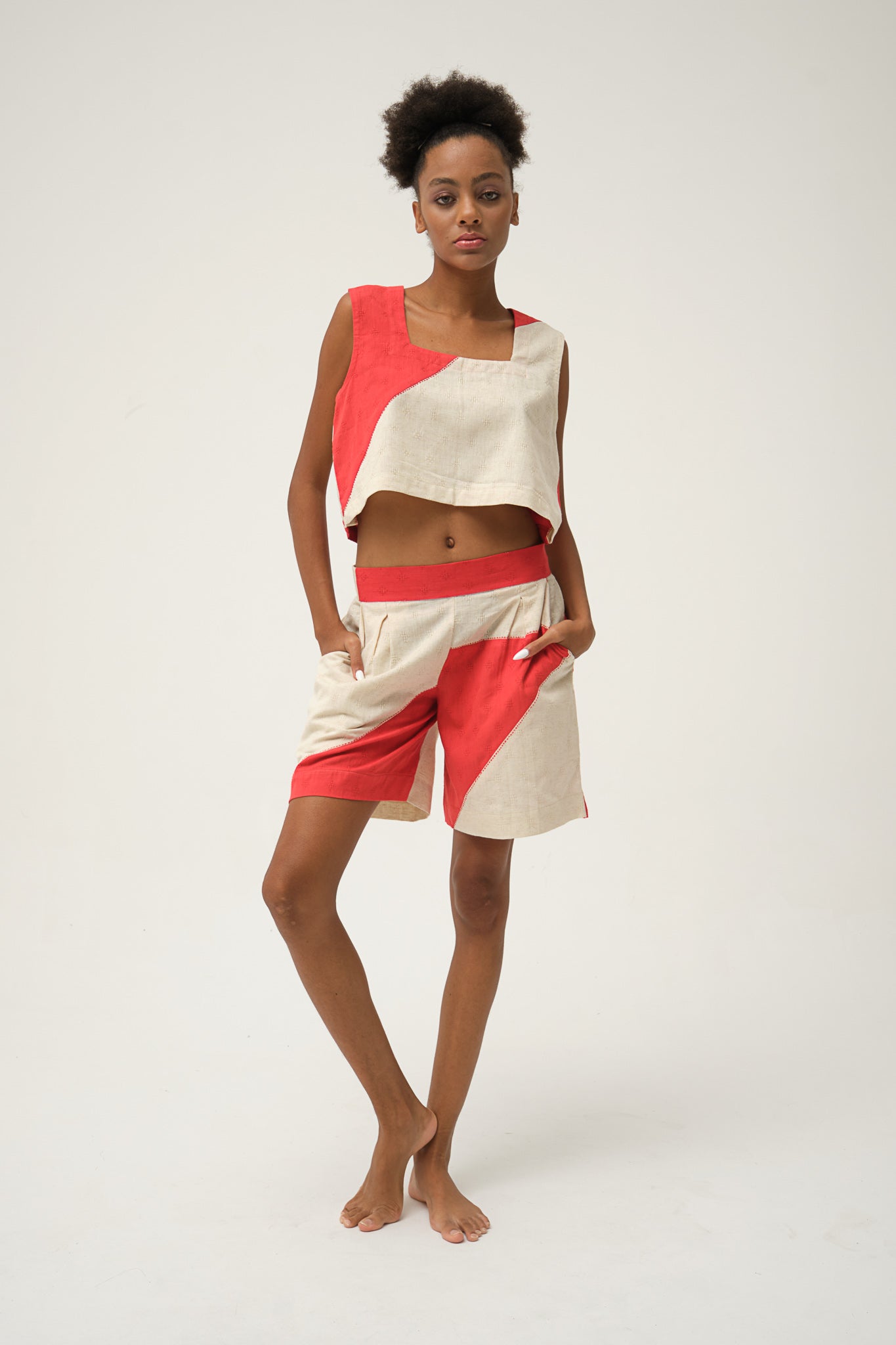 Red Popeye Shorts | Handwoven Dobby Cotton | White Canvas