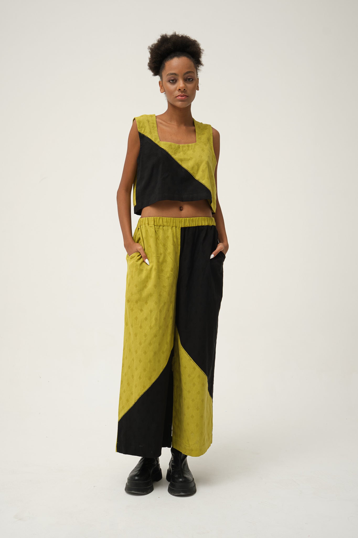 Black Green Popeye Top in handwoven Dobby Cotton by White Canvas - Image 1