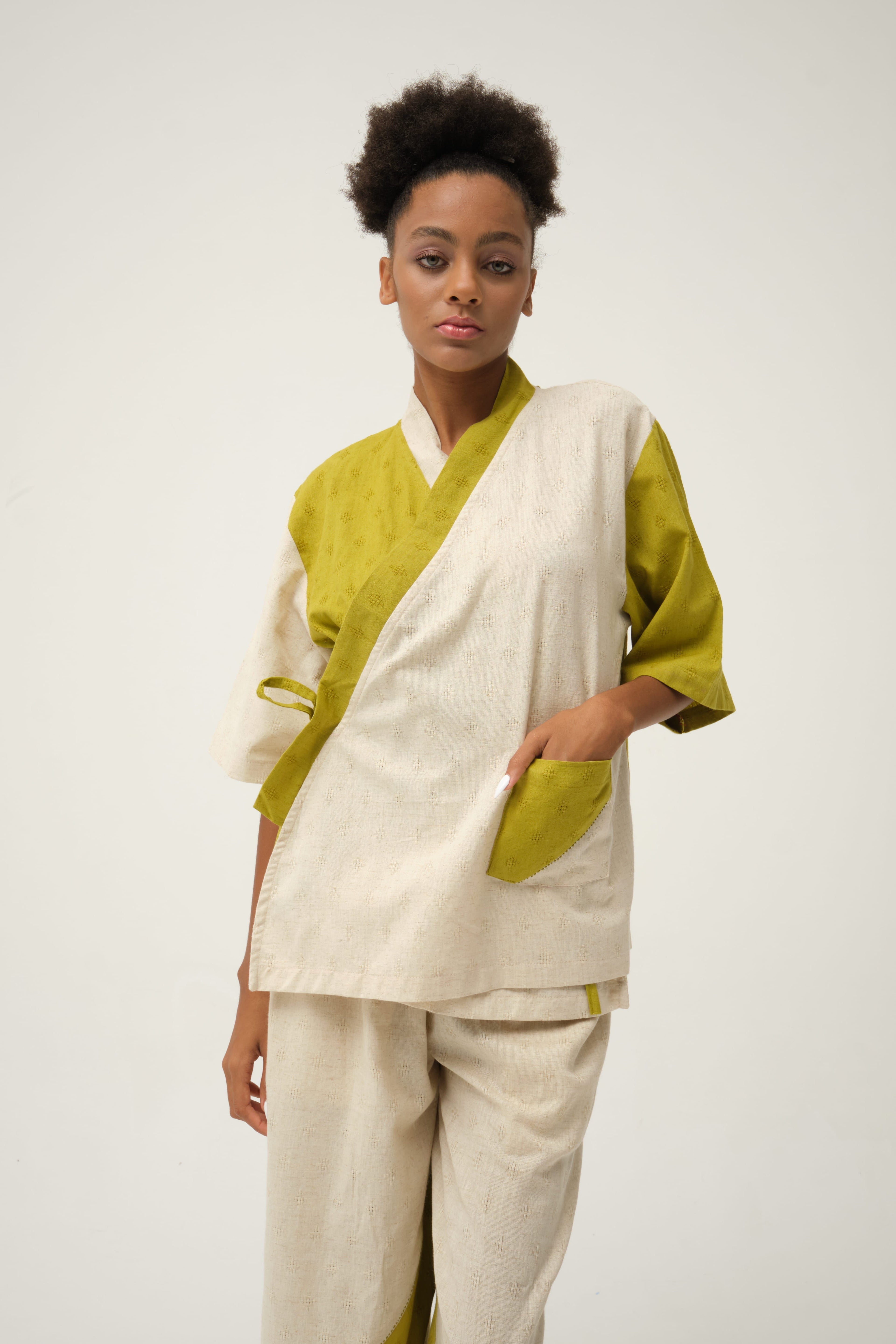 Green Spongebob Jacket in handwoven Dobby Cotton by White Canvas - Image 1