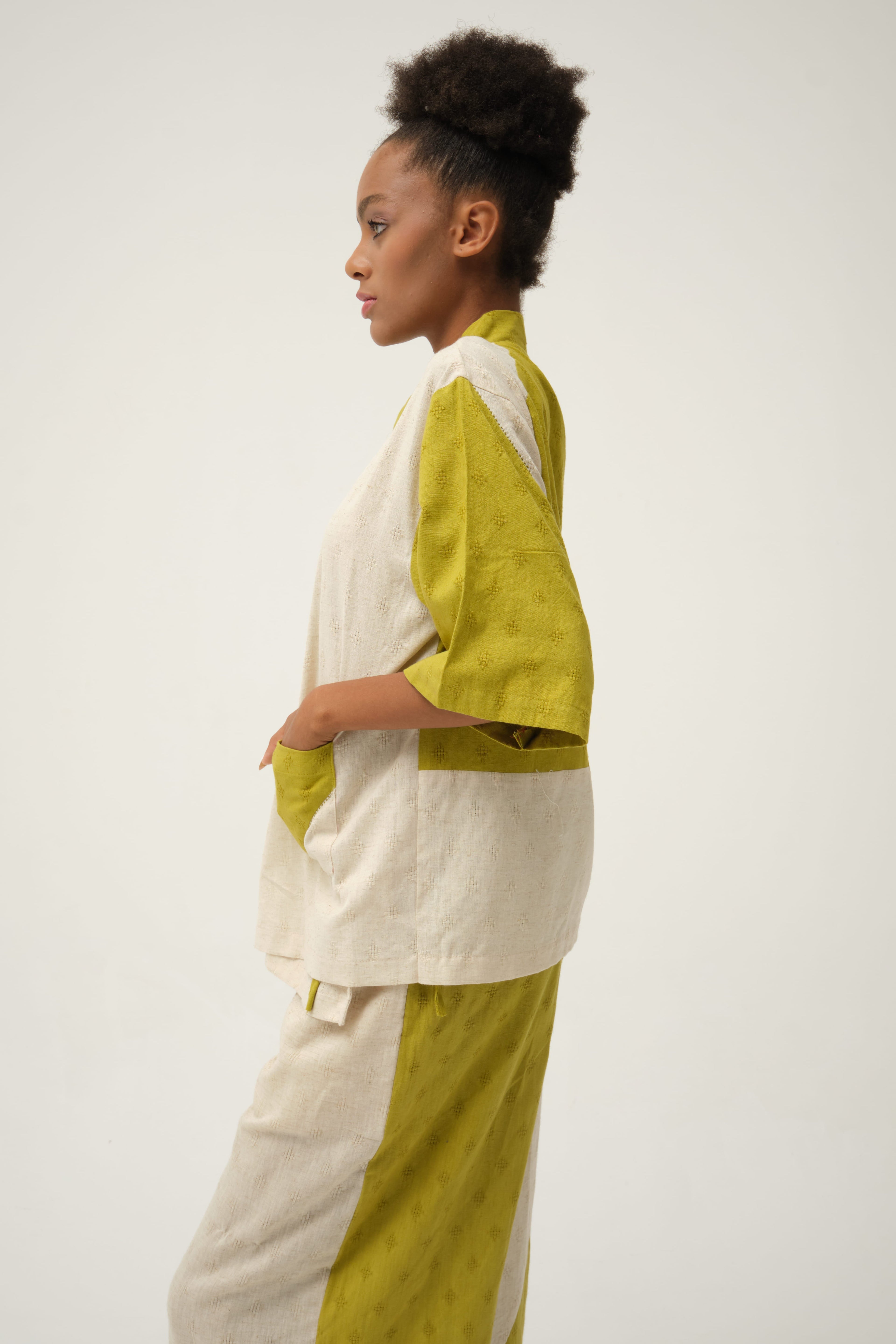 Green Spongebob Jacket in handwoven Dobby Cotton by White Canvas - Image 2