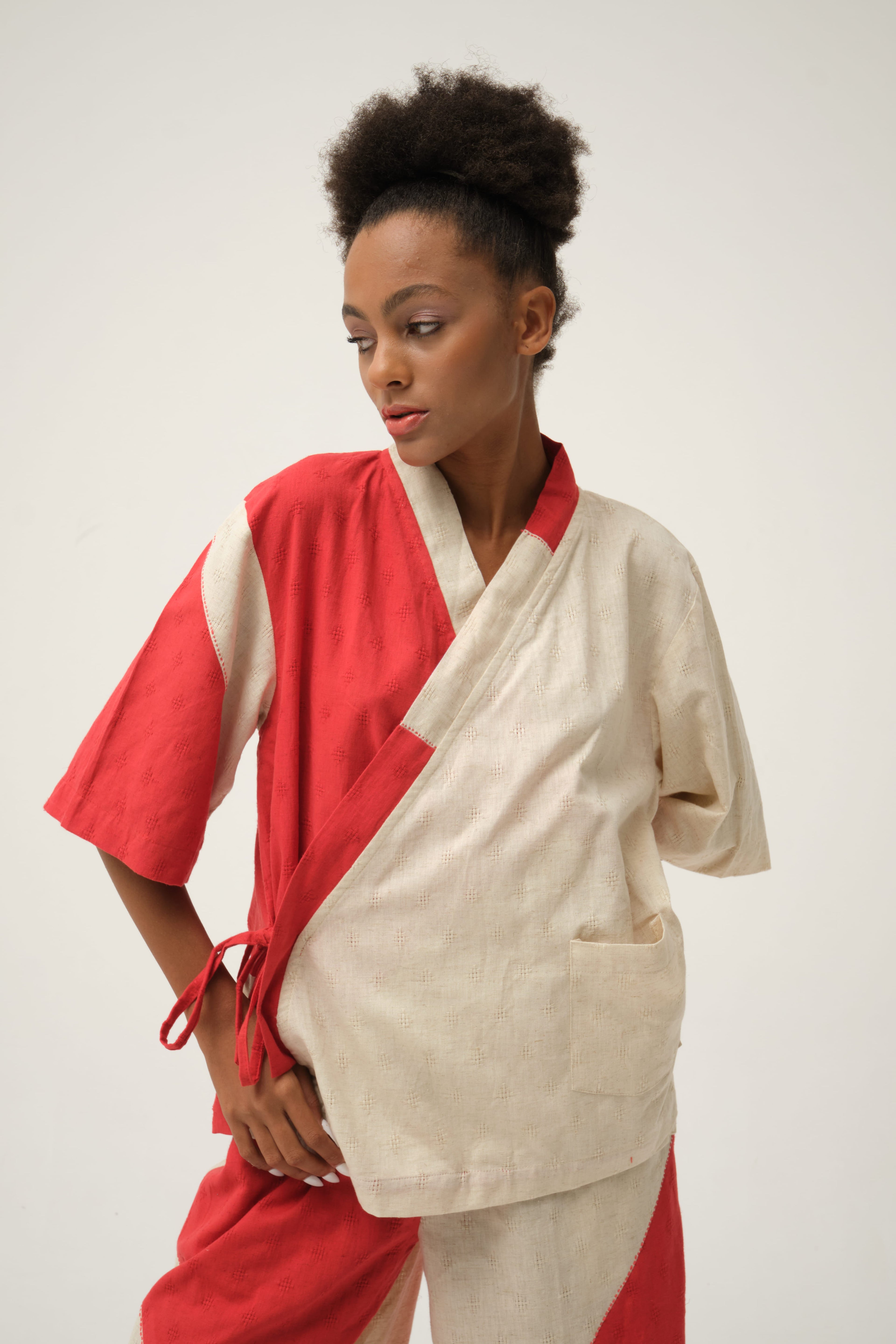 Red Spongebob Jacket in handwoven Dobby Cotton by White Canvas - Image 1