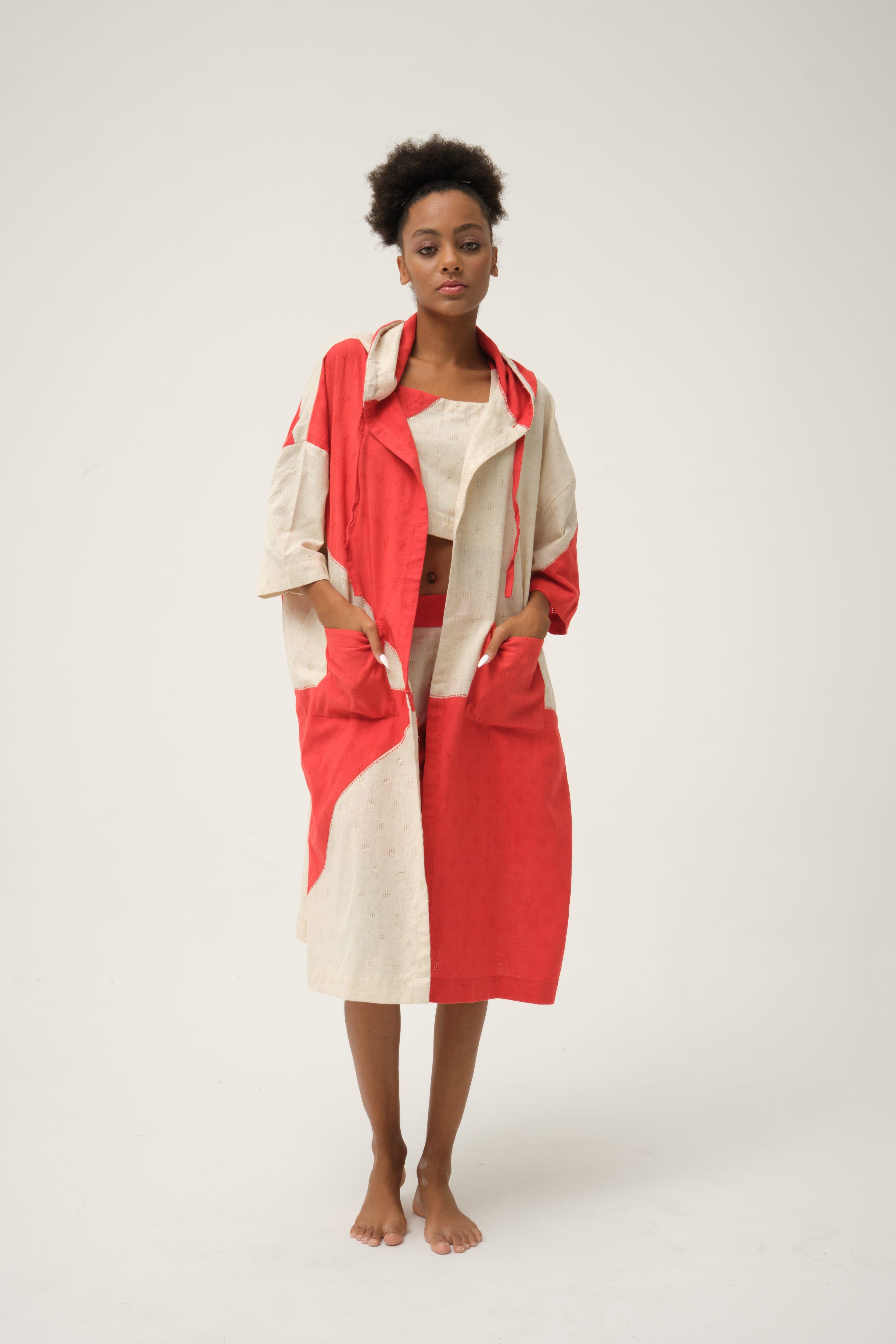 Red Tweety Jacket in handwoven Dobby Cotton by White Canvas - Image 1