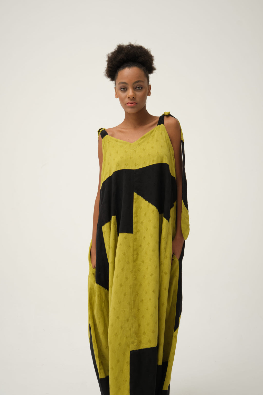 Black Green Winnie Dress in handwoven Dobby Cotton by White Canvas - Image 1