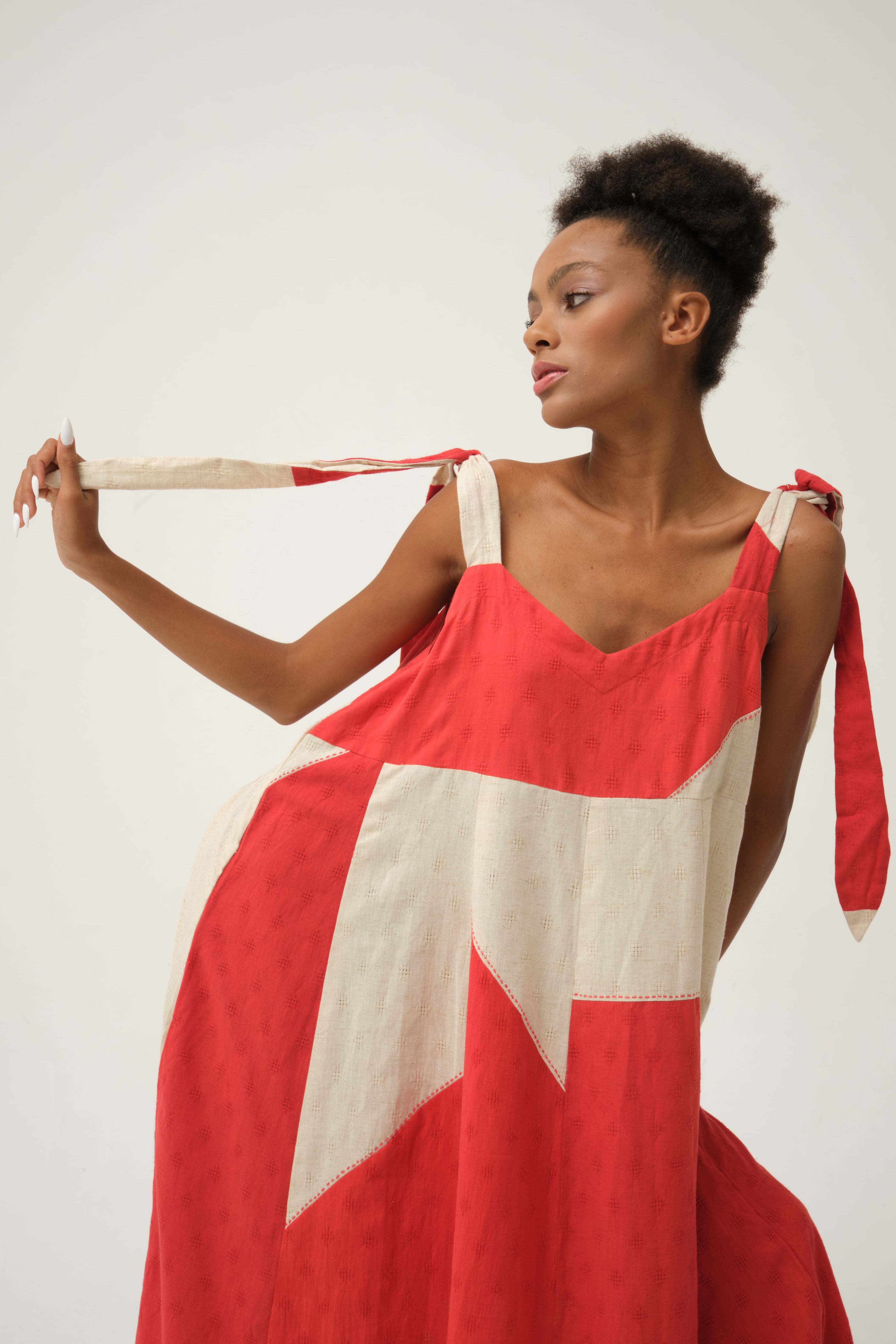 Red Winnie Dress in handwoven Dobby Cotton by White Canvas - Image 4